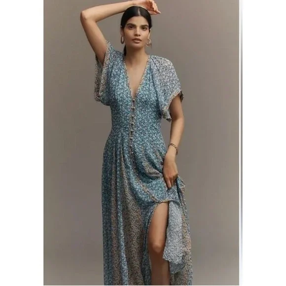 Maeve Anthropologie Floral V-Neck Button Front Maxi Dress Blue Multi Size 12 NWT - Picture 2 of 8